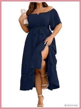 Plus Size Off Shoulder Maxi Dress Wedding Guest Cocktail Flowy Slit Belt